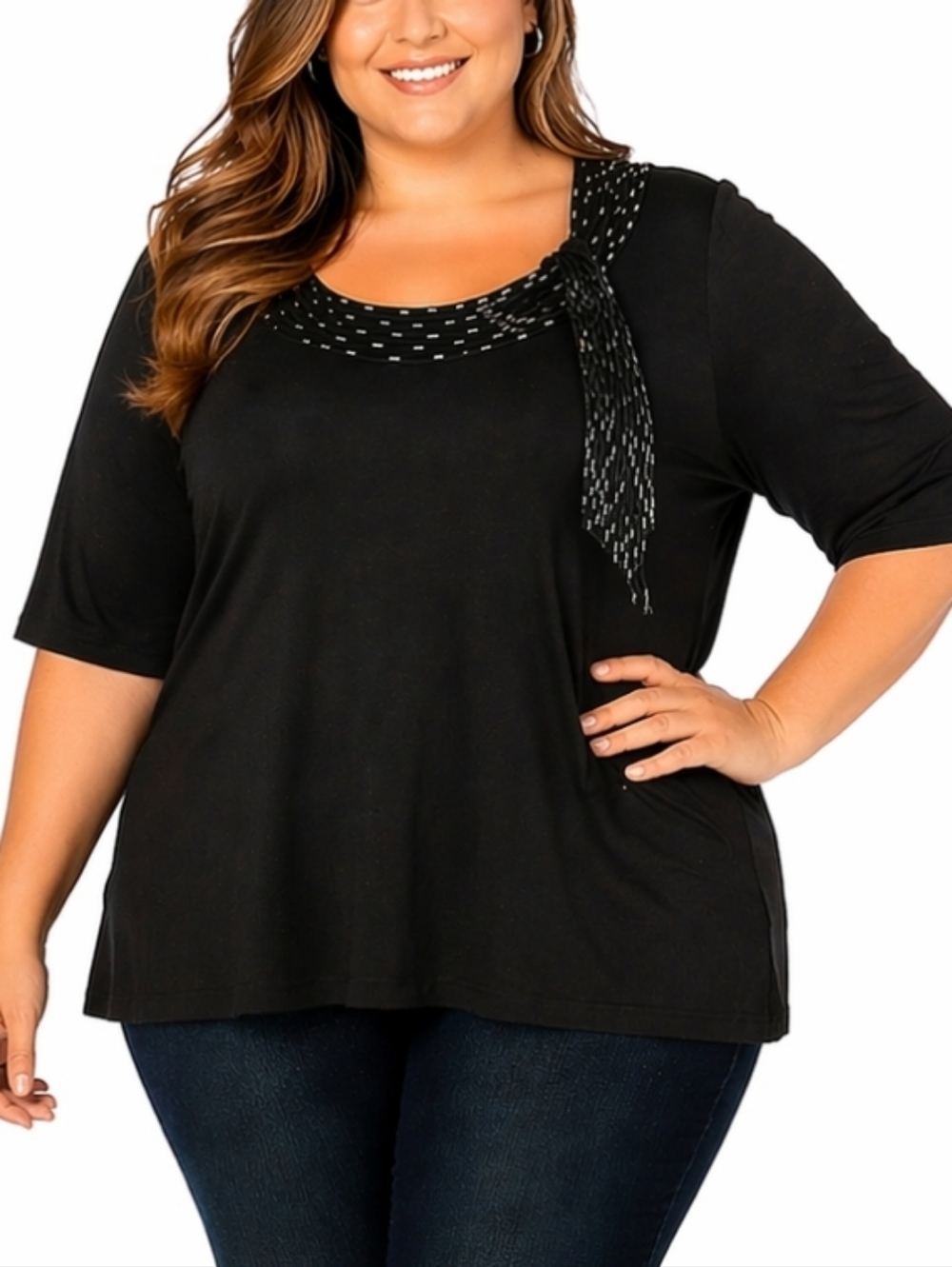 NWT Lane Bryant Black Lightweight Knit Half Sleeve Beaded Bow Tie Neck Top